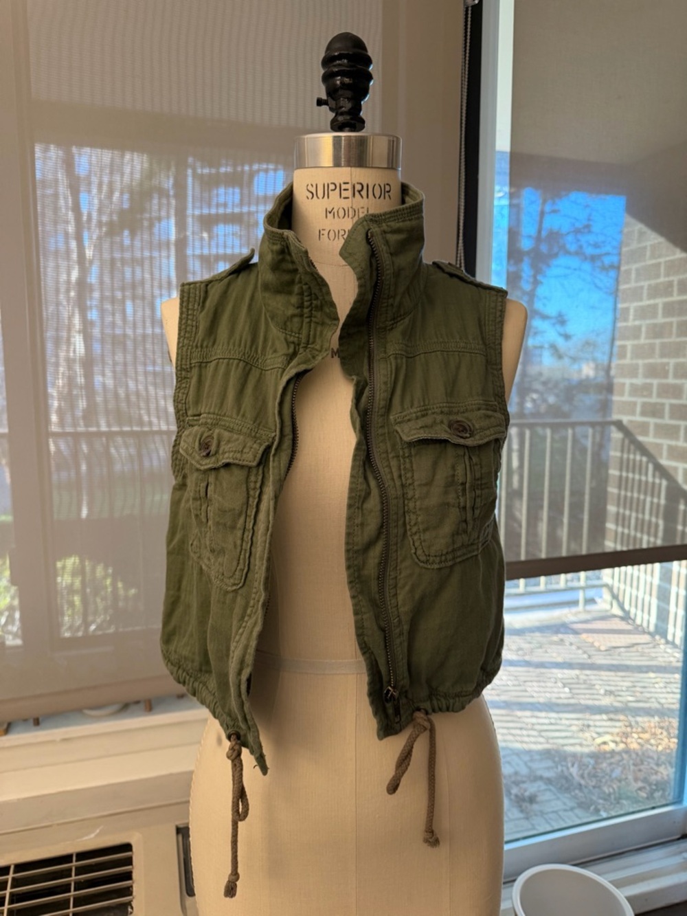 aerie Olive Green Cropped Zip Utility Vest